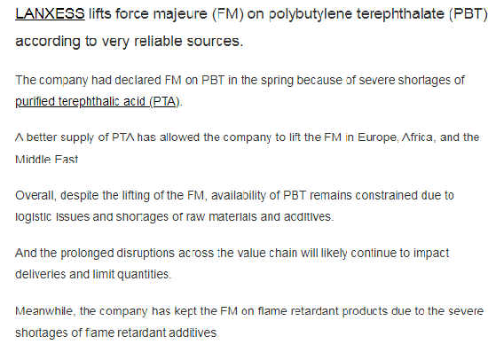 朗盛解除PBT不可抗力
