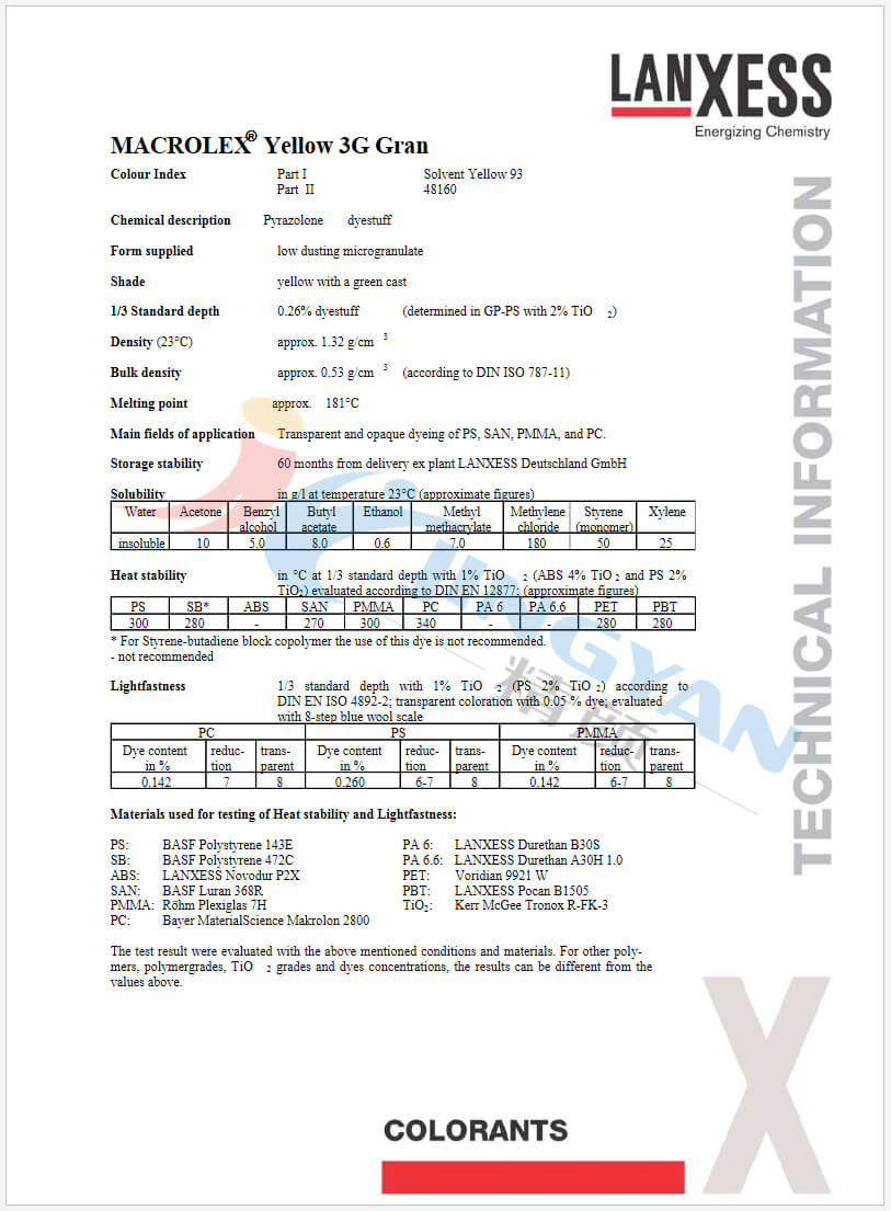 朗盛耐高溫染料3G黃數據表